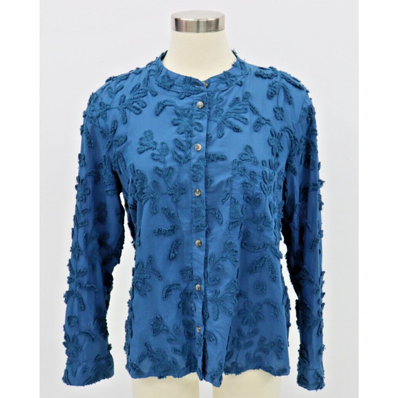 Anthropologie PILCRO Whitney Textured Trapeze Buttondown Top Peacock Blue Medium - Picture 1 of 14